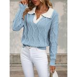 Polo Yaka Örgü Desenli Kadın Triko Kazak - Bebek Mavisi - XL