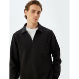 Polo Yaka Sweatshirt Basic Uzun Kollu Cep Detaylı Pamuk Karışımlı Şardonlu