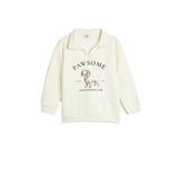 Polo Yaka Sweatshirt Köpek Baskılı Uzun Kollu Şardonlu