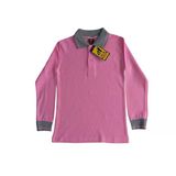 Polo Yaka Tişört Çocuk Uzun Kol Gri Çizgi Yaka Pembe Okul Tişört/T-Shirt