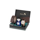 Poloair Deri Kordon Romen Rakamlı Klasik Erkek Kol Saati Cüzdan Kemer 55 ml Parfüm Seti Kahverengi Gümüş Bakır Renk PL-7095E3