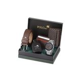 Poloair Erkek Kol Saati Dama Desen Cüzdan Kemer Kartlık Parfüm Kombin Set Gümüş Kahverengi Renk PL-0992E3