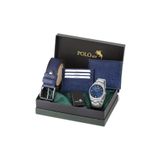 Poloair Klasik Metal Kordon Erkek Kol Saati Cüzdan Kemer Kartlık Çakmaklı Set Kombini Gümüş Lacivert Renk PL-7087E2