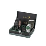 Poloair Mercek Takvimli Erkek Kol Saati, Mıknatıslı Otomatik Mekanizmalı Cüzdan, Kemer, Kartlık, Anahtarlık Ve Çakmak Seti Gümüş Yeşil Renk PL-7098E3