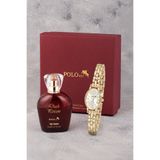 Poloair Romen Rakamlı Kalp Charmlı Kadın Kol Saati Ve 55 ml Parfüm Bordo Kutsunda Set Gold Renk ST-2191S1