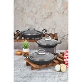 Polochef Chef ISS-122 6 Parça Granit Döküm Sahan Seti - Cam Kapaklı Kızartma Yumurta Tavası - 18 20 22 cm - Siyah - 18x20x22