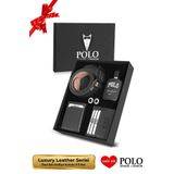 POLOGRAND London Orijinal Erkek Özel Hediye Kutulu 5'li Set Şık Deri Cüzdan Kemer Kartlık Kol Düğmesi Parfüm Seti