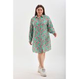 Polologin Butik Büyük Beden Çiçek Desenli Gömlek Elbise - Mint Yeşil