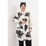 Polologin Butik Çiçek Desenli Siyah Beyaz Tunik