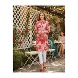 Polologin Butik Çiçek Desenli Uzun Gömlek Tunik - Pembe/Kırmızı
