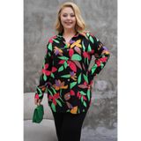 Polologin Butik Çiçek Yaprak Desenli Siyah Viskon Tunik