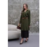 Polologin Butik Dökümlü Haki Yeşil Tunik