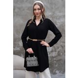 Polologin Butik Dökümlü Siyah Uzun Gömlek Tunik