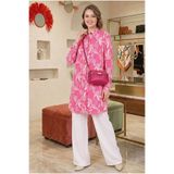 Polologin Butik Fuşya Beyaz Modern Kesim Palmiye Desenli Viskon Tunik