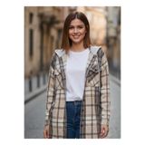 Polologin Butik Kadın Kahve Bej Kapüşonlu Ekose Oduncu Gömlek Ceket - Oversize Kalıp