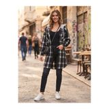 Polologin Butik Polologin Kadın Siyah-Beyaz Ekose Desenli Kapüşonlu Şardonlu Oduncu Tunik Gömlek