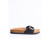 Polomia Comfort Madrid Kadın Tek Bant Büyük Gold Toka Detay Eva Rahat Taban Casual Günlük Anatomik Süet Flat Terlik