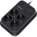 Polosmart MP22 Akım Korumalı Uzatma Kablosu 2 Metre Siyah 4 Priz 2 USB 1 Type-C Anahtar Özelliği