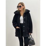 Pomeya Kadın Uzun Kollu Cep ve Düğme Detay Wellsof Kumaş Peluş Hırka - Siyah - L - XL