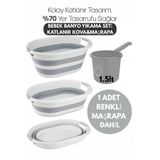 PONÇİK STORE Banyo Su Kovası Katlanabilir Beyaz-Gri- Maşrapa Renkli -2'li Bebek Banyo Seti Katlanır Kova