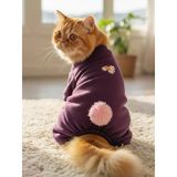 Ponpon Detaylı Kedi Tulumu | Şardonlu Polar Kumaş | Mor Renk