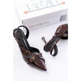 Pony Kahverengi Rugan ( 8 cm Topuklu ) Sivri Burun Kapalı Tokalı Arkası Açık Stiletto Ayakkabı