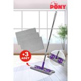 Pony Mandallı Mop + 3 Yedek Mikrofiber Yüzey Temizlik Seti Paspas Yer Duvar Cam Kıskaçlı Klipsli