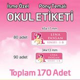 Pony Temalı Okul Etiketi Isme Özel 170 Adet (90 Adet 34X13 Mm, 80 Adet 45X17 Mm)