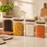 Poomy 1050 ml Akasya Kapaklı Cam Kavanoz 4’lü Set, Şeffaf Cam Saklama Kavanozu, Ahşap Kapaklı Mutfak Düzenleyici, Bakliyat Makarna Kahve Çay Kuruyemiş Kuru Gıda Kabı