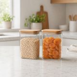 Poomy 1050 ML Dikdörtgen Cam Kavanoz Seti 2’li, Bambu Kapaklı Cam Saklama Kabı, Kuru Gıda Kahve Makarna Bakliyat Kuruyemiş Baharat İçin Mutfak Düzenleyici