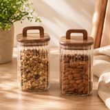 Poomy 1100 ml Kare Line Cam Kavanoz 2’li Set, Akasya Kapaklı Şeffaf Cam Saklama Kavanozu, Ahşap Kapaklı Mutfak Düzenleyici, Bakliyat Makarna Kahve Çay Kuruyemiş Kuru Gıda Kabı