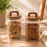 Poomy 1100 ml Kare Line Cam Kavanoz 2’li Set, Akasya Kapaklı Şeffaf Cam Saklama Kavanozu, Ahşap Kapaklı Mutfak Düzenleyici, Bakliyat Makarna Kahve Çay Kuruyemiş Kuru Gıda Kabı