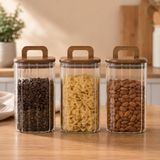 Poomy 1100 ml Kare Line Cam Kavanoz 3’lü Set, Akasya Kapaklı Şeffaf Cam Saklama Kavanozu, Ahşap Kapaklı Mutfak Düzenleyici, Bakliyat Makarna Kahve Çay Kuruyemiş Kuru Gıda Kabı