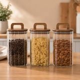 Poomy 1100 ml Kare Line Cam Kavanoz 3’lü Set, Akasya Kapaklı Şeffaf Cam Saklama Kavanozu, Ahşap Kapaklı Mutfak Düzenleyici, Bakliyat Makarna Kahve Çay Kuruyemiş Kuru Gıda Kabı