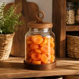 Poomy 1100 ML Yüksek Borosilikat Cam Kavanoz, Ahşap Kapaklı ve Ahşap Altlıklı Saklama Kavanozu, Bakliyat Kahve Kuruyemiş Makarna Kuru Gıda Mutfak Düzenleyici