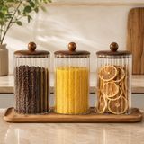 Poomy 1150 ml Akasya Kapaklı Line Cam Kavanoz 3’lü Set, Çizgili Şeffaf Cam Saklama Kavanozu, Ahşap Kapaklı Mutfak Düzenleyici, Bakliyat Makarna Kahve Çay Kuruyemiş Kuru Gıda Kabı