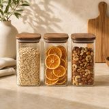 Poomy 1350 ml Borosilikat Cam Kavanoz 3’lü Set, Akasya Kapaklı Şeffaf Cam Saklama Kabı, Mutfak Düzenleyici Kuru Gıda Kavanozu, Bakliyat Kahve Makarna Kuruyemiş Atıştırmalık Saklama Seti