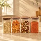 Poomy 1350 ml Borosilikat Cam Kavanoz 4’lü Set, Akasya Kapaklı Şeffaf Cam Saklama Kabı, Mutfak Düzenleyici Kuru Gıda Kavanozu, Bakliyat Kahve Makarna Kuruyemiş Atıştırmalık Saklama Seti