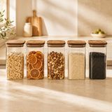 Poomy 1350 ml Borosilikat Cam Kavanoz 5’li Set, Akasya Kapaklı Şeffaf Cam Saklama Kabı, Mutfak Düzenleyici Kuru Gıda Kavanozu, Bakliyat Kahve Makarna Kuruyemiş Atıştırmalık Saklama Seti