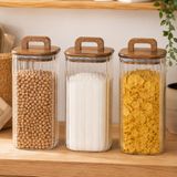 Poomy 1500 ml Kare Line Cam Kavanoz 3’lü Set, Akasya Kapaklı Şeffaf Cam Saklama Kavanozu, Ahşap Kapaklı Mutfak Düzenleyici, Bakliyat Makarna Kahve Çay Kuruyemiş Kuru Gıda Kabı