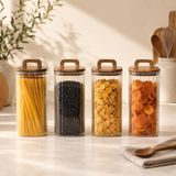 Poomy 1500 ml Kare Line Cam Kavanoz 4’lü Set, Akasya Kapaklı Şeffaf Cam Saklama Kavanozu, Ahşap Kapaklı Mutfak Düzenleyici, Bakliyat Makarna Kahve Çay Kuruyemiş Kuru Gıda Kabı