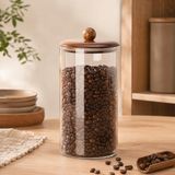 Poomy 1550 ml Akasya Kapaklı Cam Kavanoz, Şeffaf Cam Saklama Kavanozu, Ahşap Kapaklı Mutfak Düzenleyici, Makarna Spagetti Bakliyat Kahve Kuruyemiş Kuru Gıda Saklama Kabı
