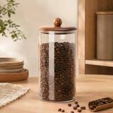 Poomy 1550 ml Akasya Kapaklı Cam Kavanoz, Şeffaf Cam Saklama Kavanozu, Ahşap Kapaklı Mutfak Düzenleyici, Makarna Spagetti Bakliyat Kahve Kuruyemiş Kuru Gıda Saklama Kabı