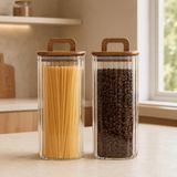 Poomy 1850 ml Kare Line Cam Kavanoz 2’li Set, Akasya Kapaklı Şeffaf Cam Saklama Kavanozu, Ahşap Kapaklı Mutfak Düzenleyici, Bakliyat Makarna Kahve Çay Kuruyemiş Kuru Gıda Kabı