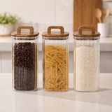 Poomy 1850 ml Kare Line Cam Kavanoz 3’lü Set, Akasya Kapaklı Şeffaf Cam Saklama Kavanozu, Ahşap Kapaklı Mutfak Düzenleyici, Bakliyat Makarna Kahve Çay Kuruyemiş Kuru Gıda Kabı