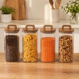 Poomy 1850 ml Kare Line Cam Kavanoz 4’lü Set, Akasya Kapaklı Şeffaf Cam Saklama Kavanozu, Ahşap Kapaklı Mutfak Düzenleyici, Bakliyat Makarna Kahve Çay Kuruyemiş Kuru Gıda Kabı