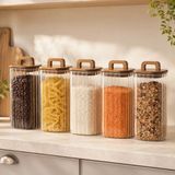 Poomy 1850 ml Kare Line Cam Kavanoz 5’li Set, Akasya Kapaklı Şeffaf Cam Saklama Kavanozu, Ahşap Kapaklı Mutfak Düzenleyici, Bakliyat Makarna Kahve Çay Kuruyemiş Kuru Gıda Kabı