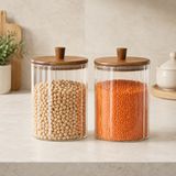 Poomy 2’li 2260 ml Borosilikat Cam Kavanoz Seti, Ahşap Kapaklı Büyük Boy Mutfak Saklama Kabı, Kahve, Bakliyat, Makarna, Kuruyemiş ve Tahıl İçin Şık Cam Erzak Kavanozu