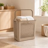 Poomy 30 Litre Çamaşır Sepeti, Taşıma Kulplu Delikli Plastik Kirli Sepeti, Banyo Çamaşır Odası Yatak Odası ve Dolap Düzeni İçin Pratik Organizer (Bej)