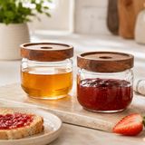 Poomy 300 ml Cam Kahvaltılık 2’li Set, Akasya Kapaklı Şeffaf Cam Saklama Kavanozu, Kahvaltı Sunum Kabı, Zeytin Reçel Bal Kuruyemiş Sos Atıştırmalık Kavanozu